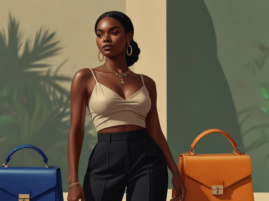 Confident woman showcasing fashion accessories; influencer marketing and product seeding concept.