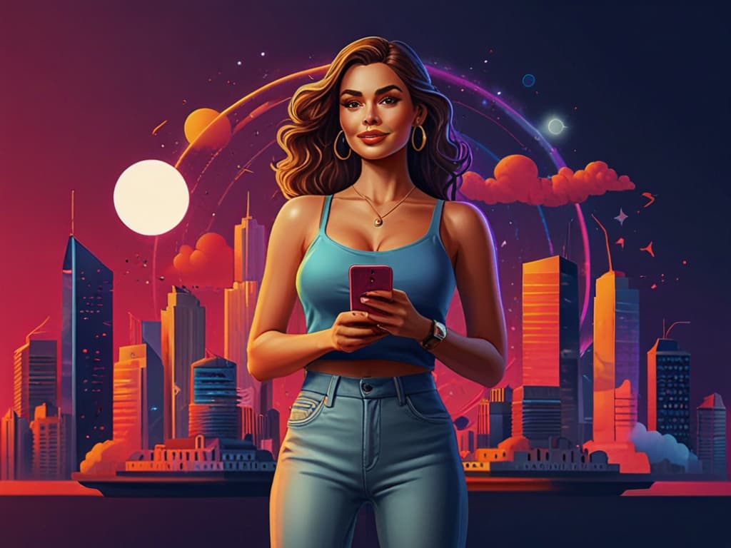 Woman with smartphone in urban sunset, representing modern skincare branding and digital engagement.