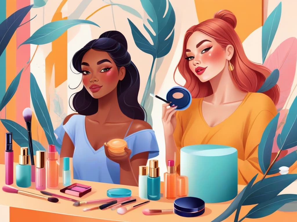 Two diverse women using makeup products, surrounded by cosmetics, illustrating influencer marketing tips.