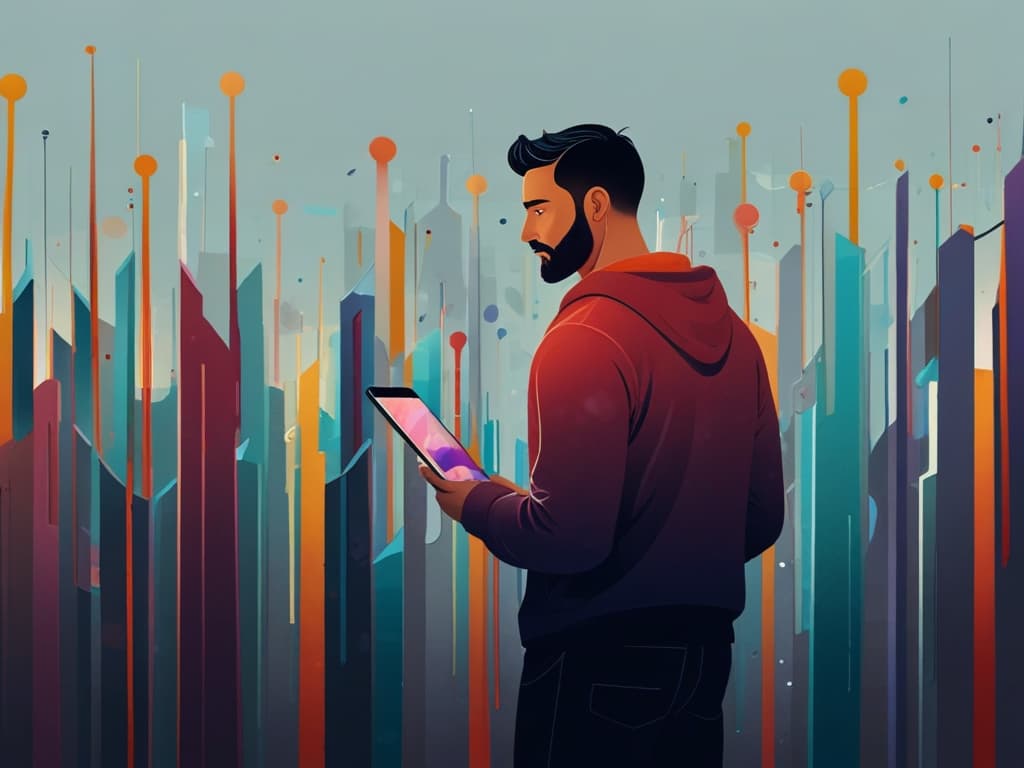Person holding tablet in colorful abstract cityscape, symbolizing user-generated content on Instagram 2025 trends.