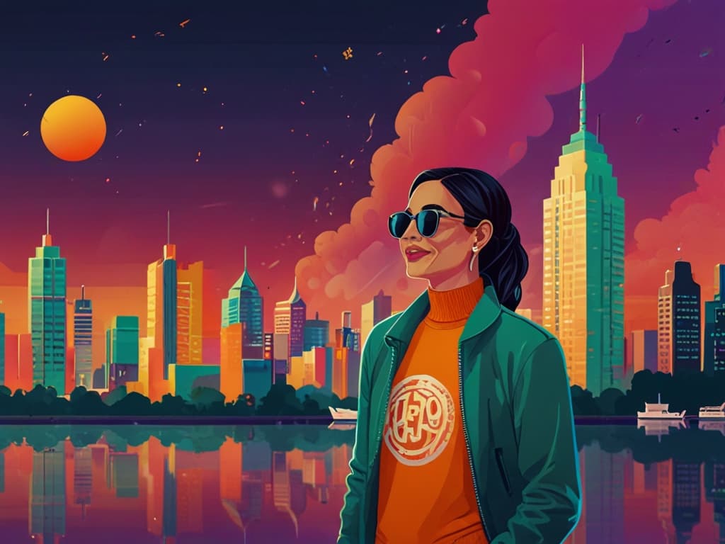 Woman in sunglasses overlooking futuristic cityscape at sunset, representing video post-production creativity.