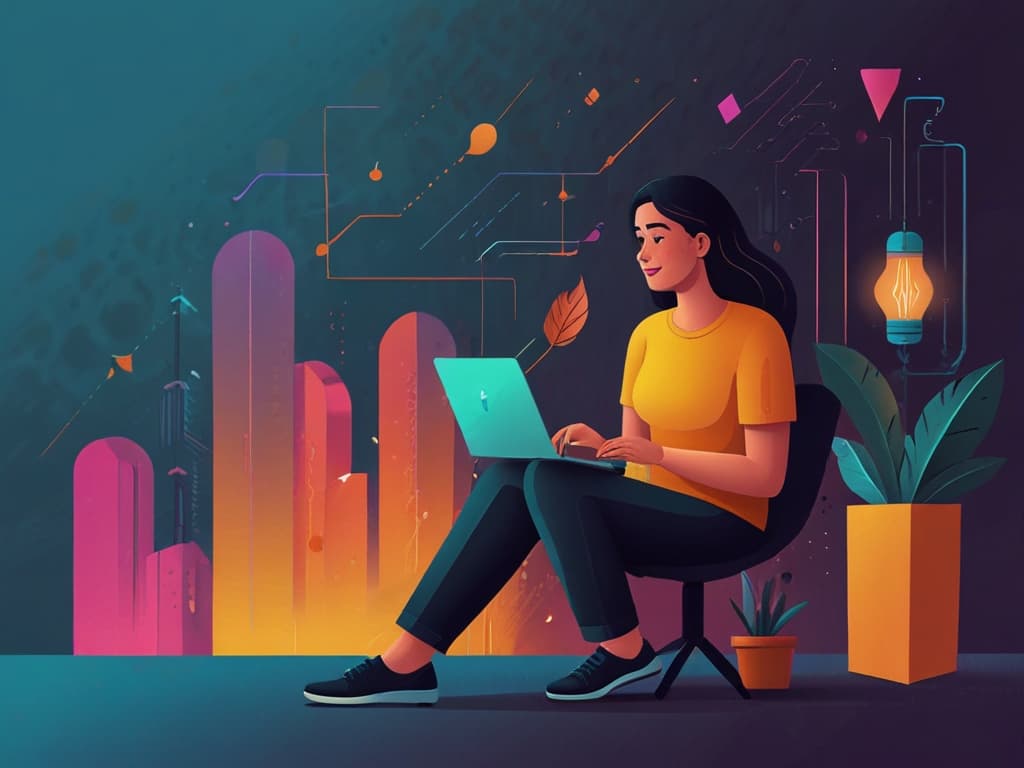 Woman using laptop in creative digital setting, illustrating UGC niches and ideas, colorful abstract background.