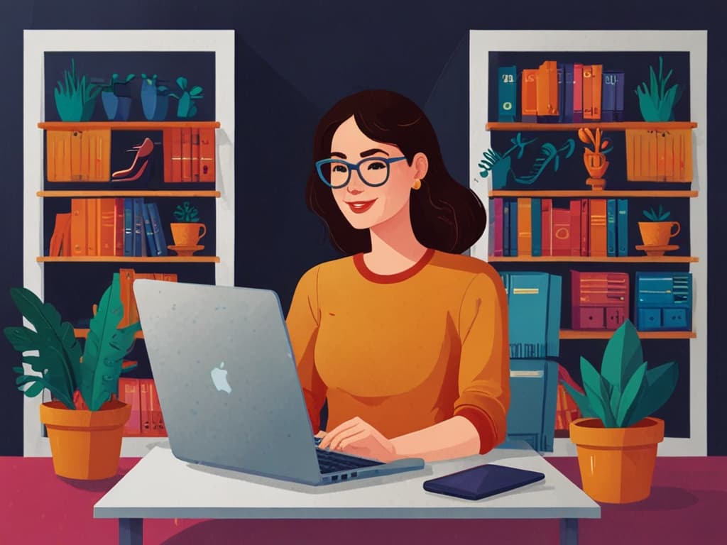 Person using laptop at desk, surrounded by books and plants, studying TikTok affiliate marketing tips, 2025.