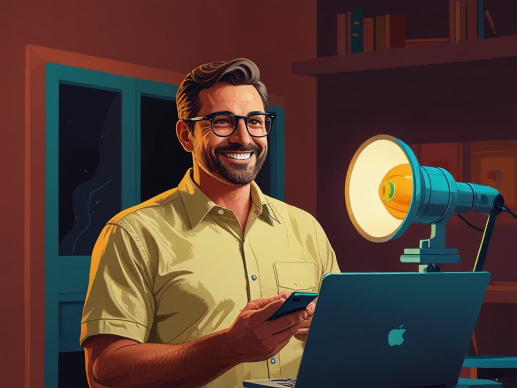 Smiling man using smartphone for TikTok UGC marketing, illuminated by spotlight, with laptop in cozy home office.