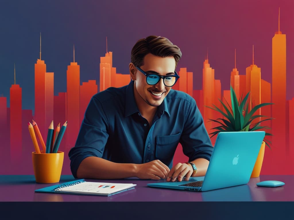 Man wearing glasses works on laptop at desk with city skyline backdrop, planning viral TikTok ad campaign.