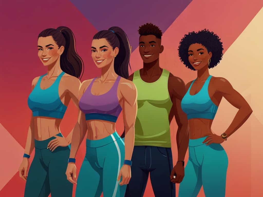 Diverse fitness influencers posing energetically in sporty outfits, showcasing strength and vitality.