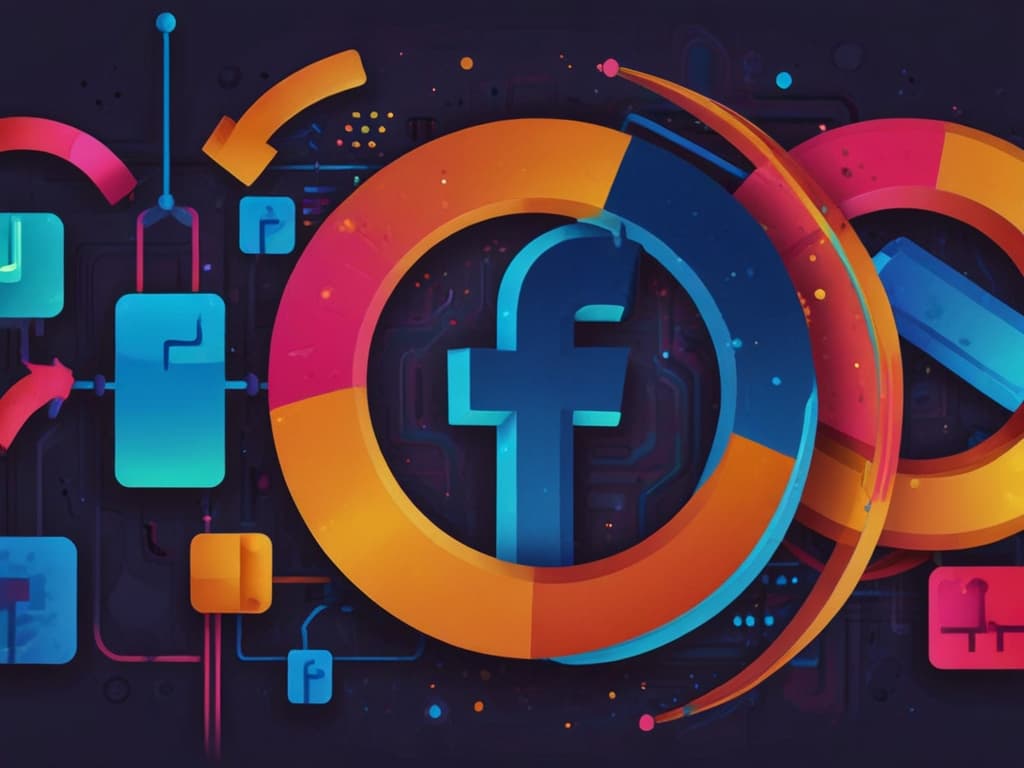 Colorful Facebook logo amidst vibrant digital graphics for 2025 top video ad examples blog.