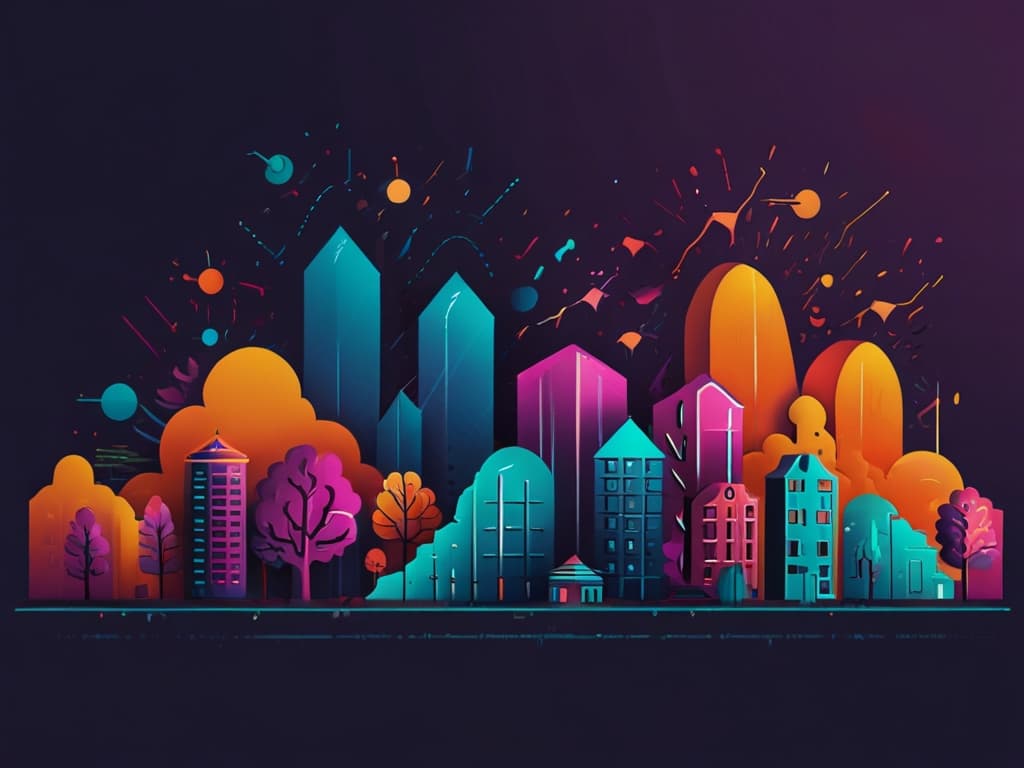 Colorful abstract cityscape with vibrant buildings and trees, representing creative Facebook ad visuals for 2025 campaigns.