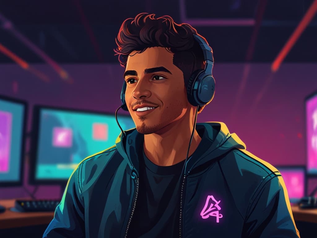 Smiling content creator wearing headphones streams at a gaming setup, highlighting UGC creativity.