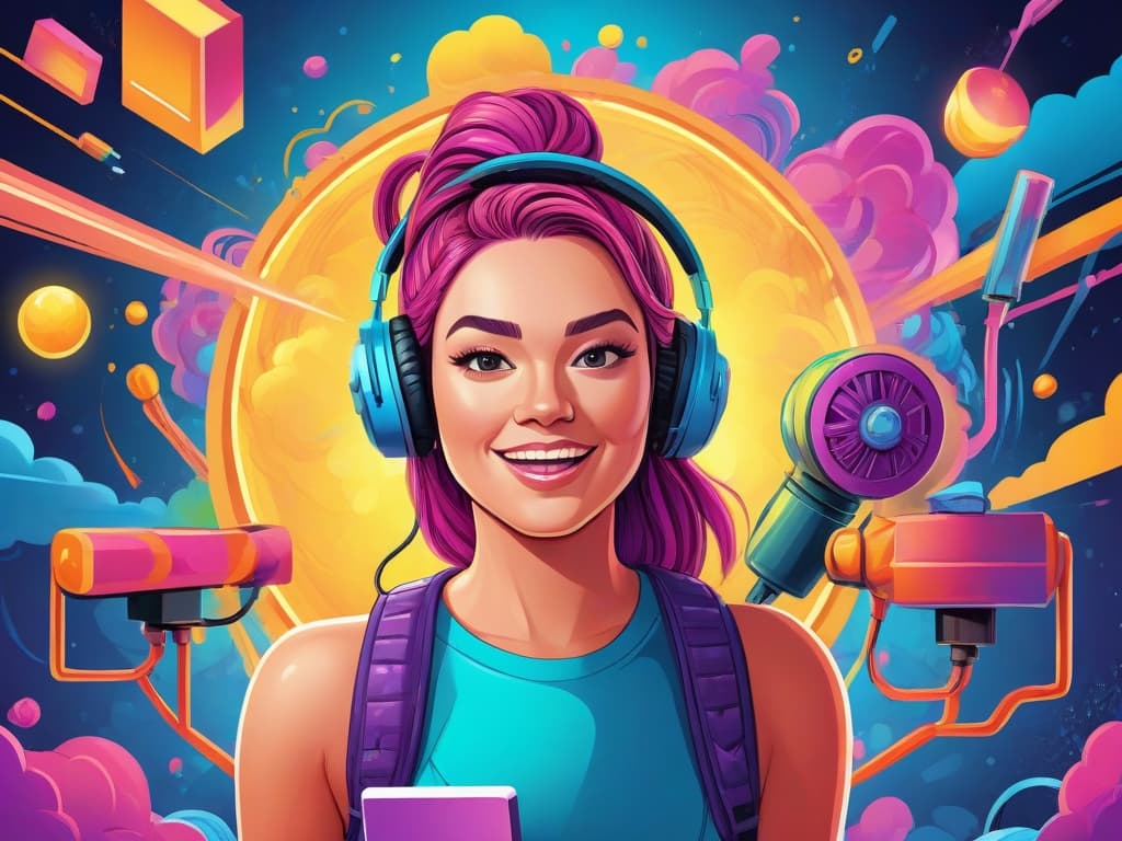 Digital creator with headphones and smartphone, surrounded by vibrant, colorful digital elements.