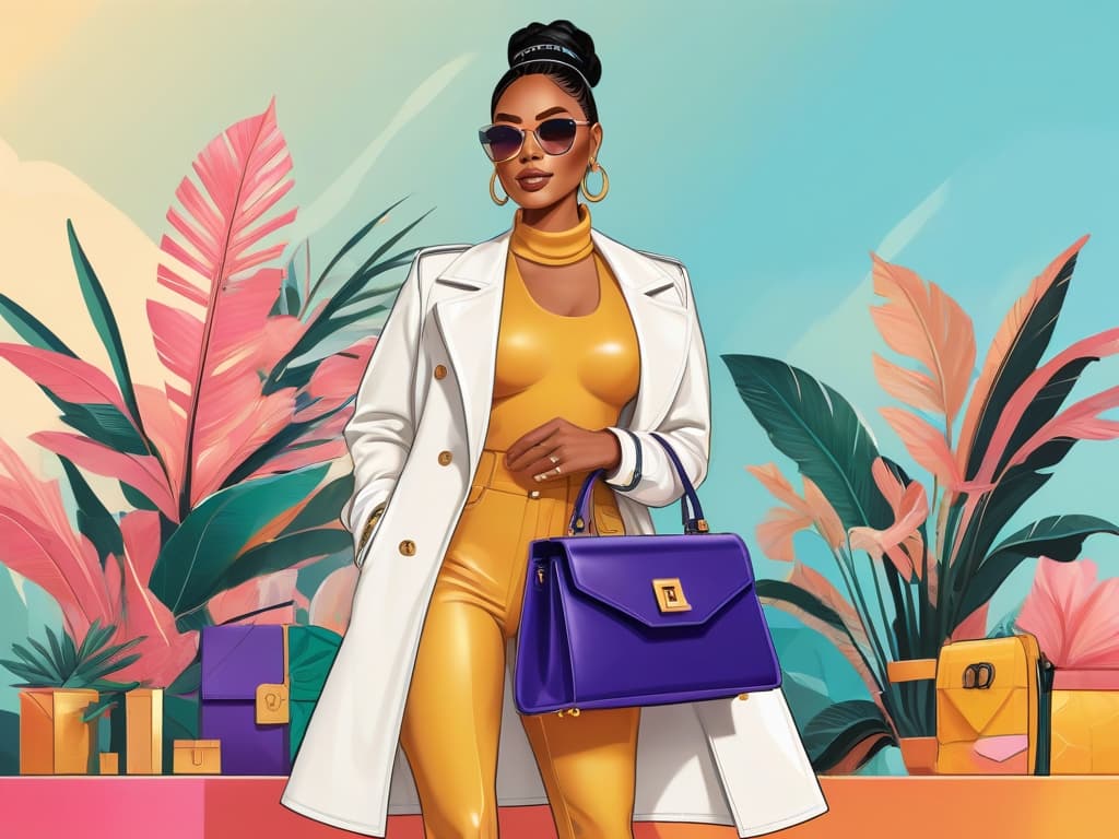 Stylish woman in white coat and sunglasses holding a purple bag, surrounded by colorful gift boxes and leaves.
