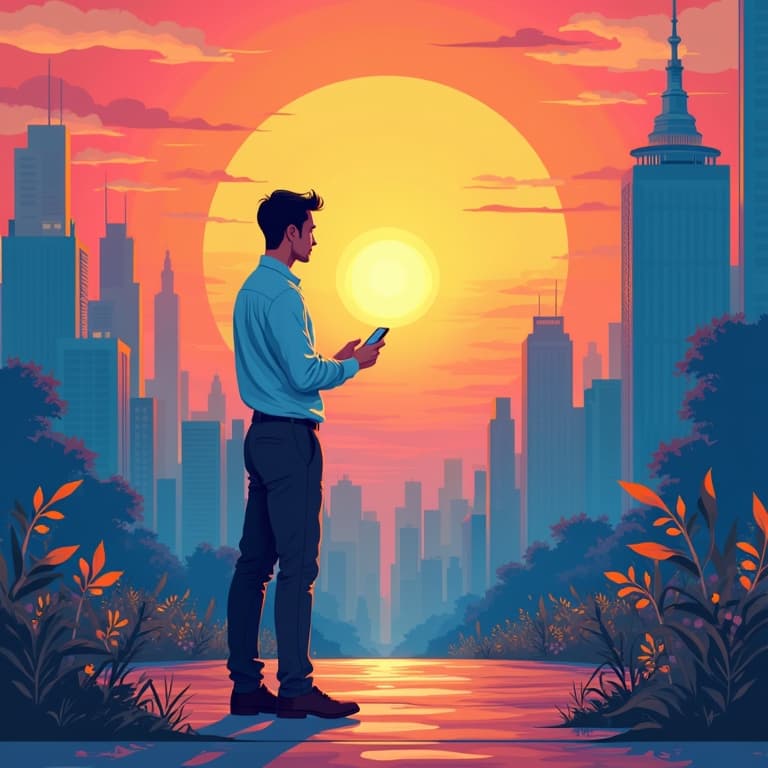 Man using smartphone against vibrant cityscape sunset, highlighting influencer whitelisting in digital marketing 2025.