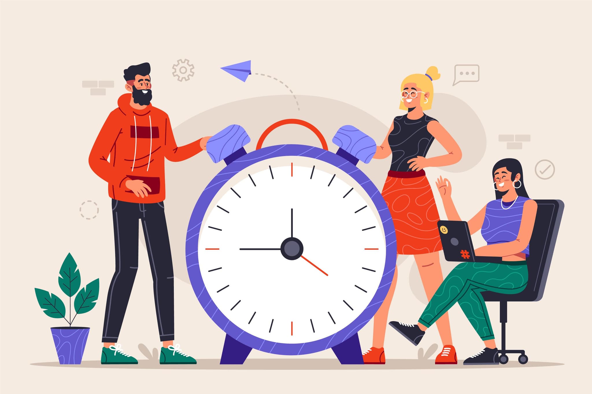 People around a large clock discussing UGC content timing; one person on a laptop, highlighting 2025 trends.