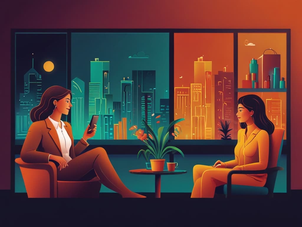 Two businesswomen discussing marketing strategies in an office with a vibrant city skyline at sunset.