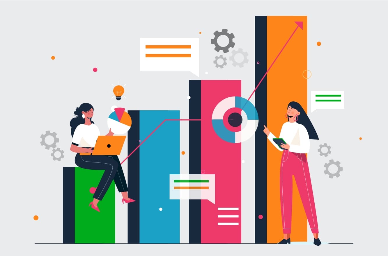 Illustration of women analyzing colorful bar charts and social media metrics, highlighting performance optimization 2025.
