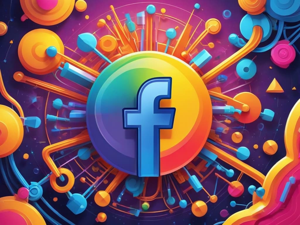 Colorful Facebook logo surrounded by vibrant, abstract digital elements; innovative ad creativity concept.