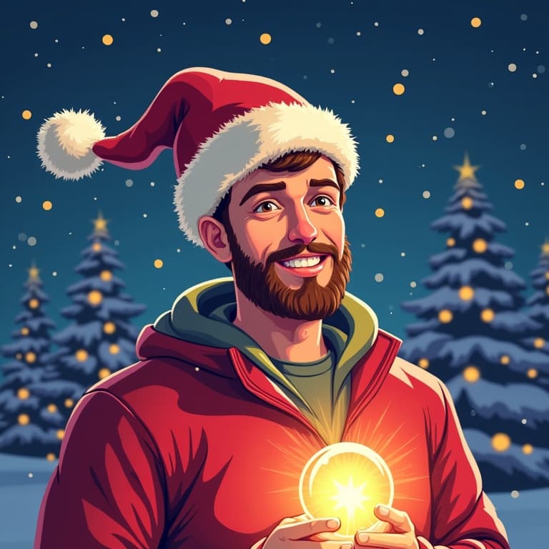 Smiling man in Santa hat holding glowing ornament, snowy night backdrop, Christmas marketing theme.