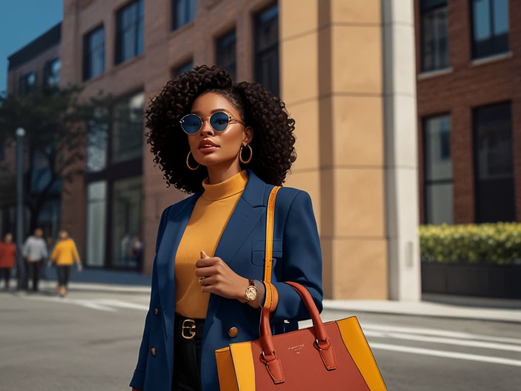 Stylish influencer in a blue blazer and orange top walks confidently, holding a trendy bag, perfect for Meta 2025 dark ads.