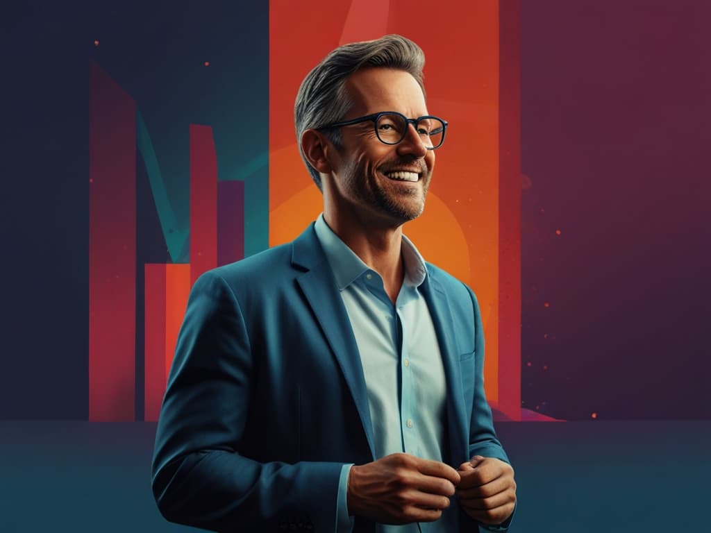 Smiling businessman with glasses in front of colorful bar charts, embodying future commercial advertising trends.