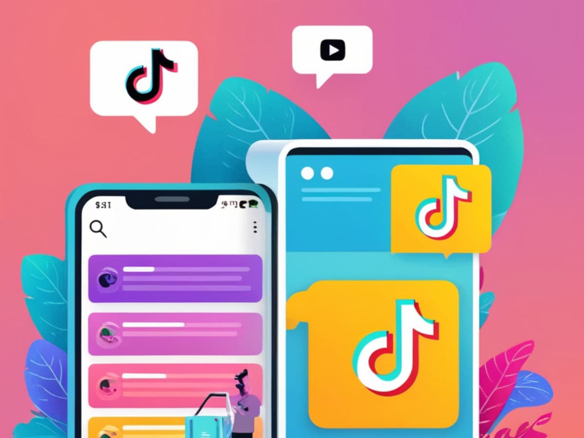 Colorful illustration of TikTok app interface on smartphones, emphasizing social media interactions.