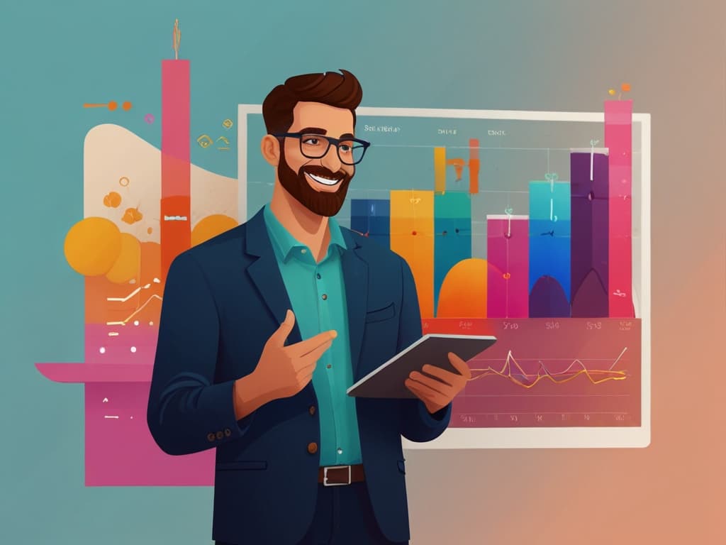 Man analyzing TikTok video analytics on a tablet, colorful charts displayed on a screen.