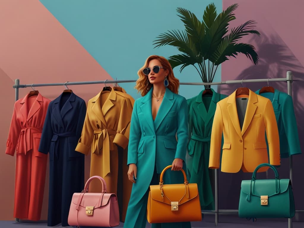Fashionable woman in chic teal suit poses with stylish handbags; colorful clothing rack as backdrop.