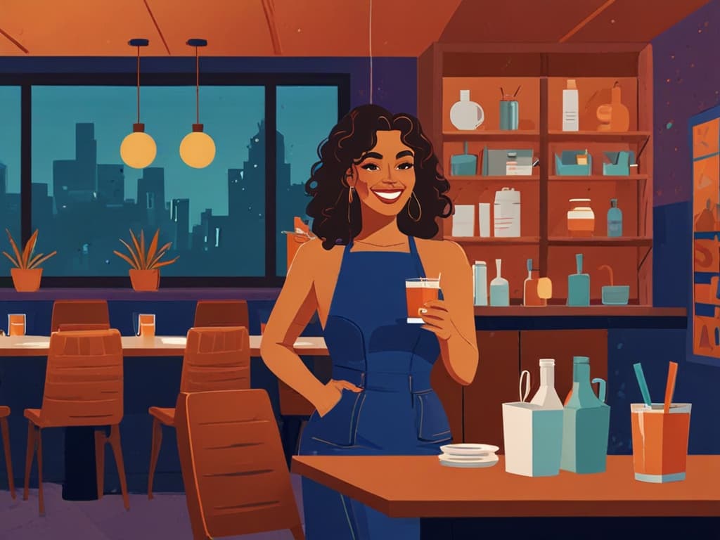 Smiling woman holding a drink in a modern restaurant, ideal setting for food reviewer consultation.