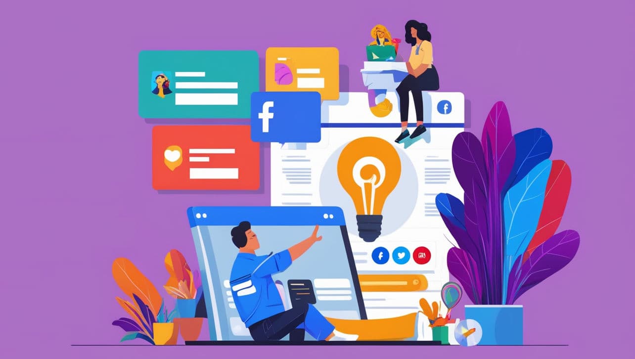 Illustrated digital creators engaging with Facebook interface, showcasing social media icons and vibrant design.