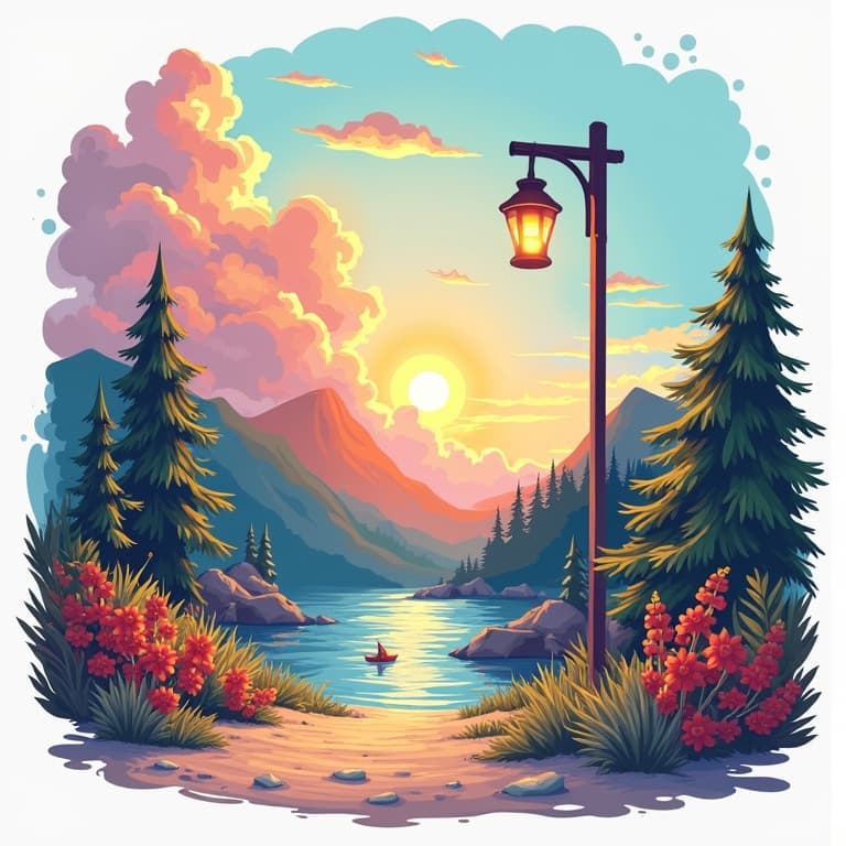 Vibrant sunset over a serene mountain lake with a glowing lamp post and colorful wildflowers; perfect UGC inspiration.