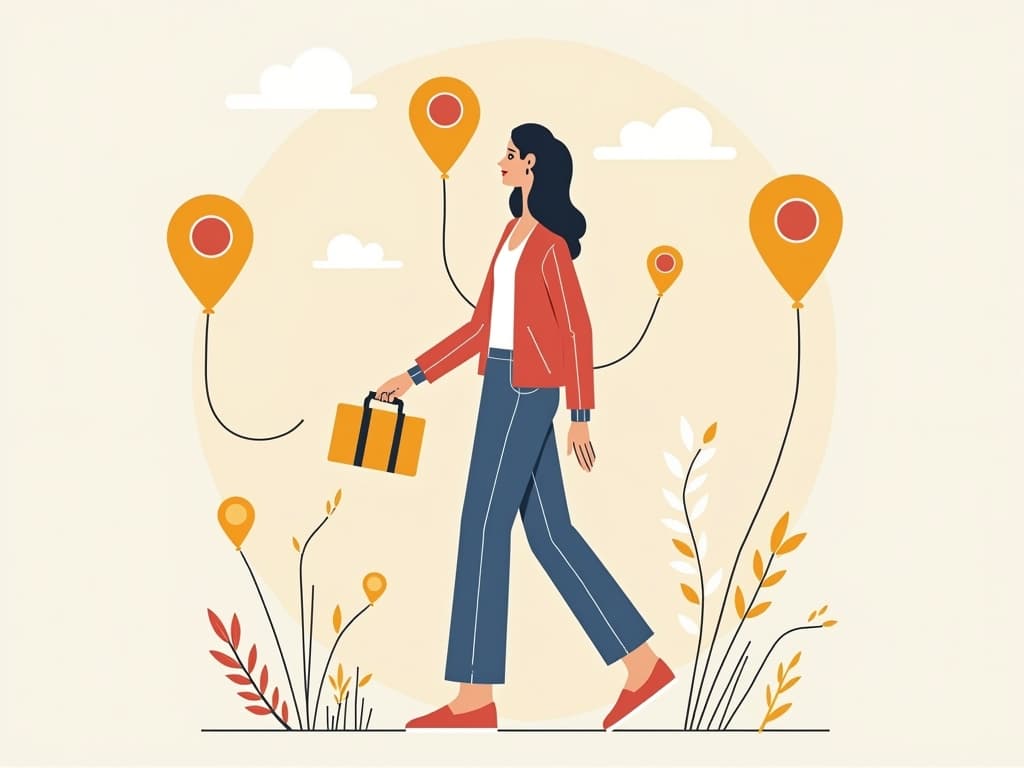 Woman with suitcase walking amid location pins, symbolizing finding Instagram influencers by location 2025.