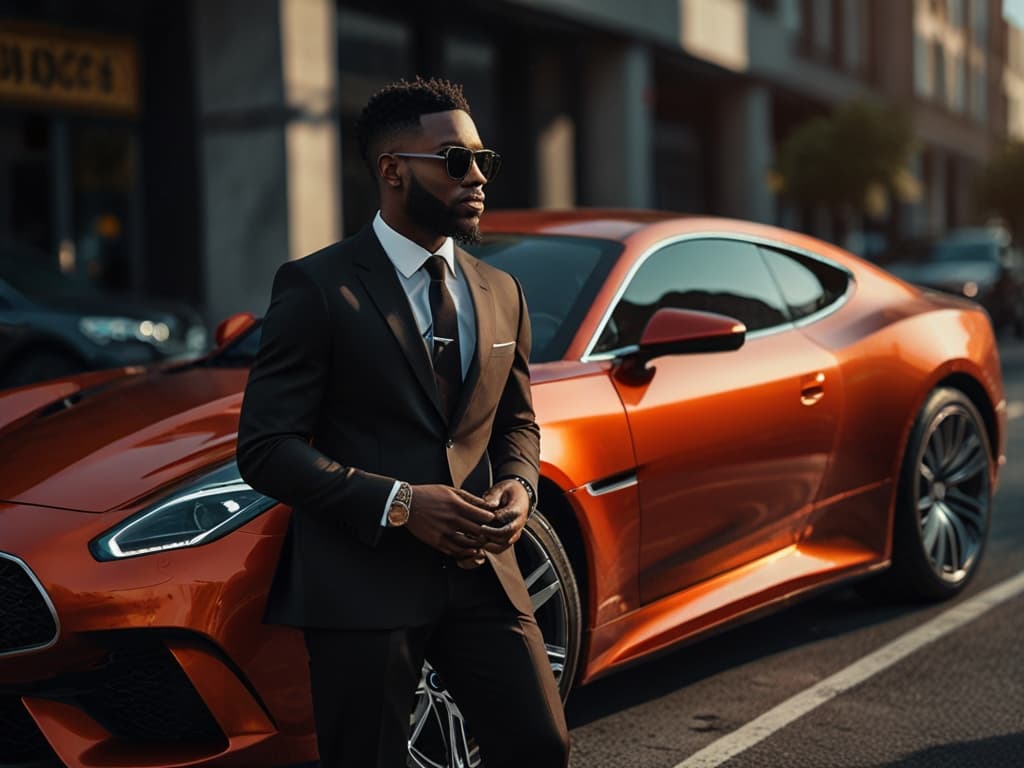 Man in stylish suit stands confidently beside sleek orange sports car on urban street, embodying modern luxury.