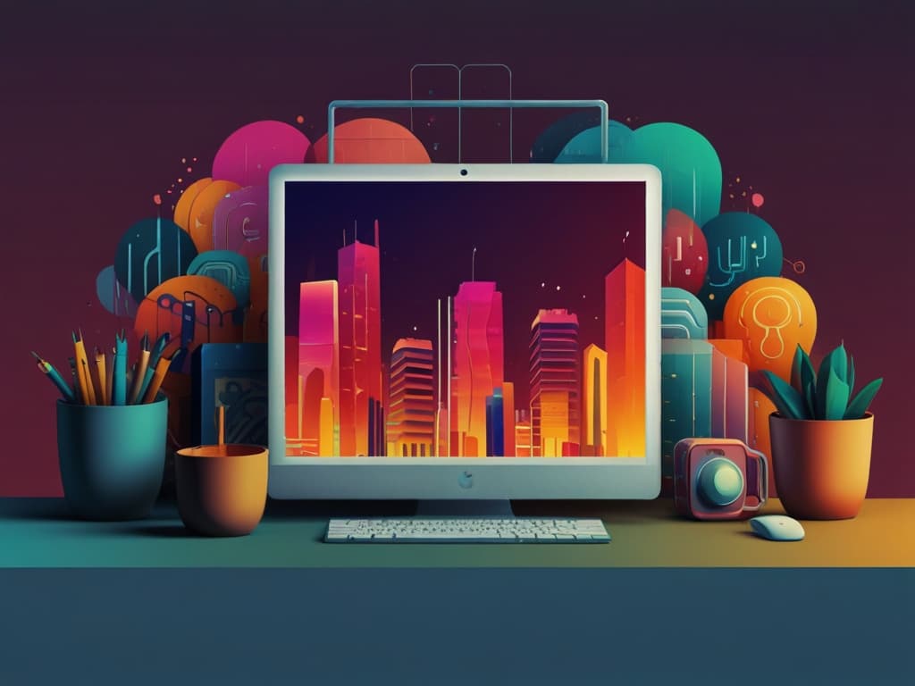 Colorful digital collage with vibrant cityscape on a computer screen, surrounded by art supplies and tech gadgets.