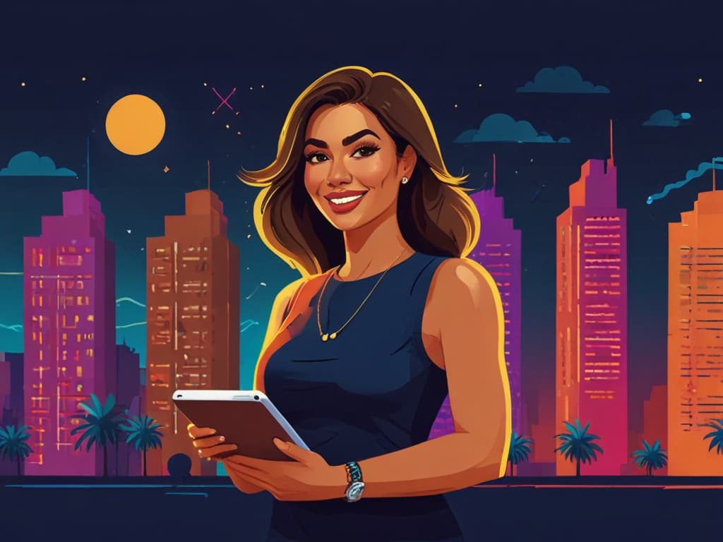 Woman smiling with tablet, ready to schedule Instagram posts. City skyline at night in the background.