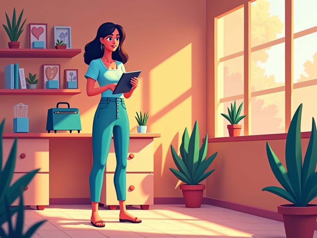 Woman using tablet in a sunny room with plants, ideal for TikTok Shop selling tips 2025 blog post.