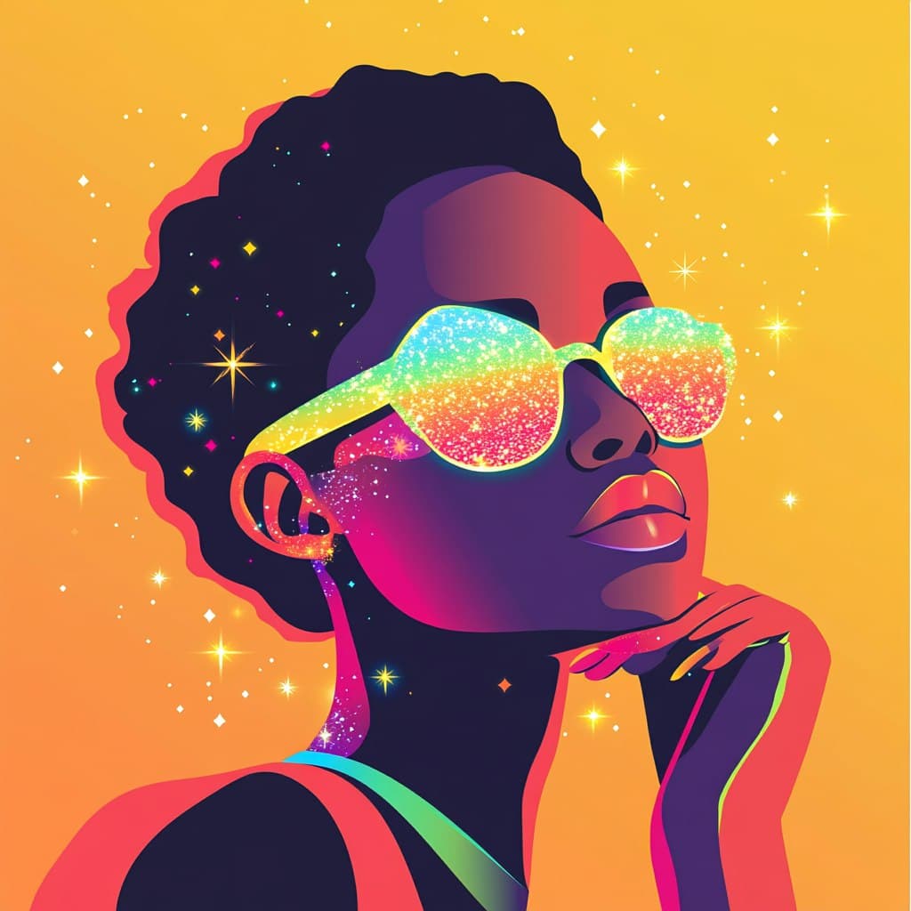 Colorful digital art of a person wearing sparkling sunglasses with a vibrant background, ideal for TikTok ads.