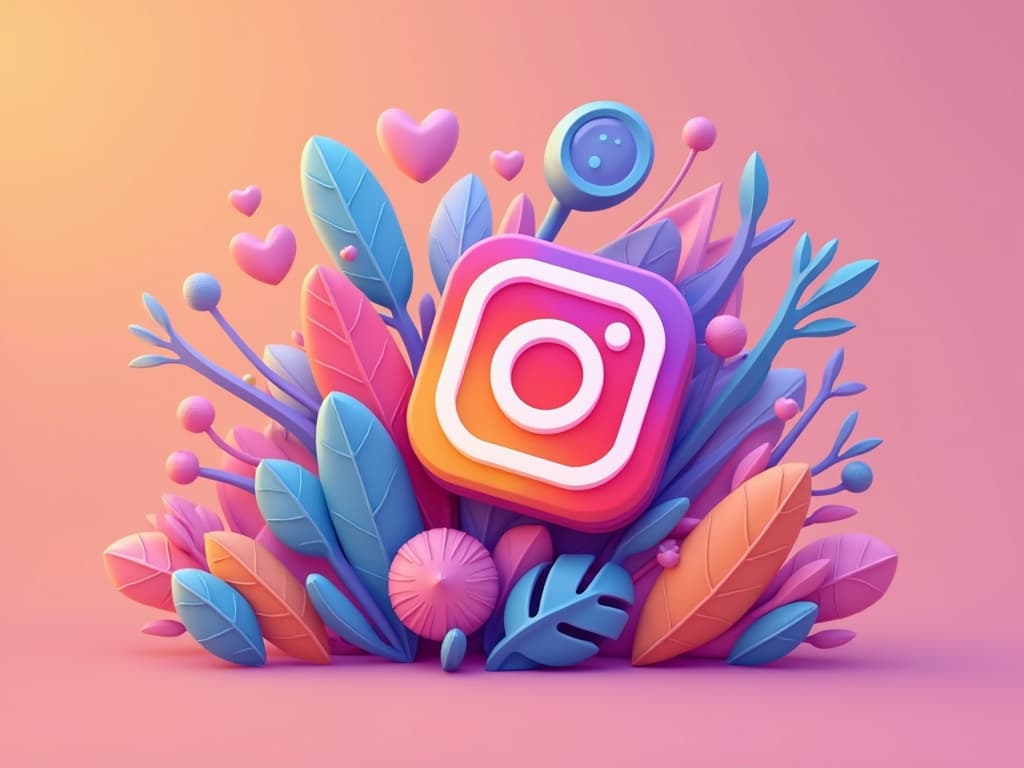 Instagram logo amidst colorful leaves and hearts on a gradient background, symbolizing social media presence.