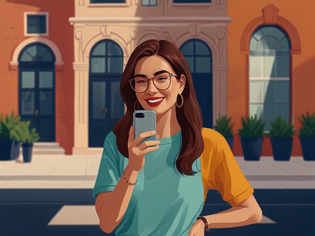 Smiling woman with smartphone outside stylish building, illustrating AI influencer marketing trends 2025.