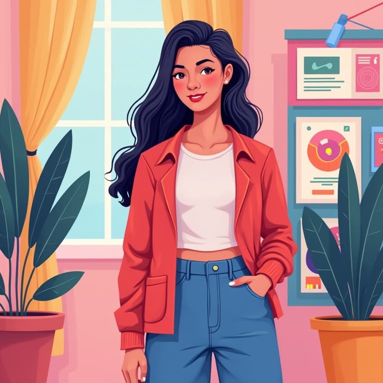 Woman standing in colorful office with plants and charts, illustrating Facebook Ad Library guide 2025.