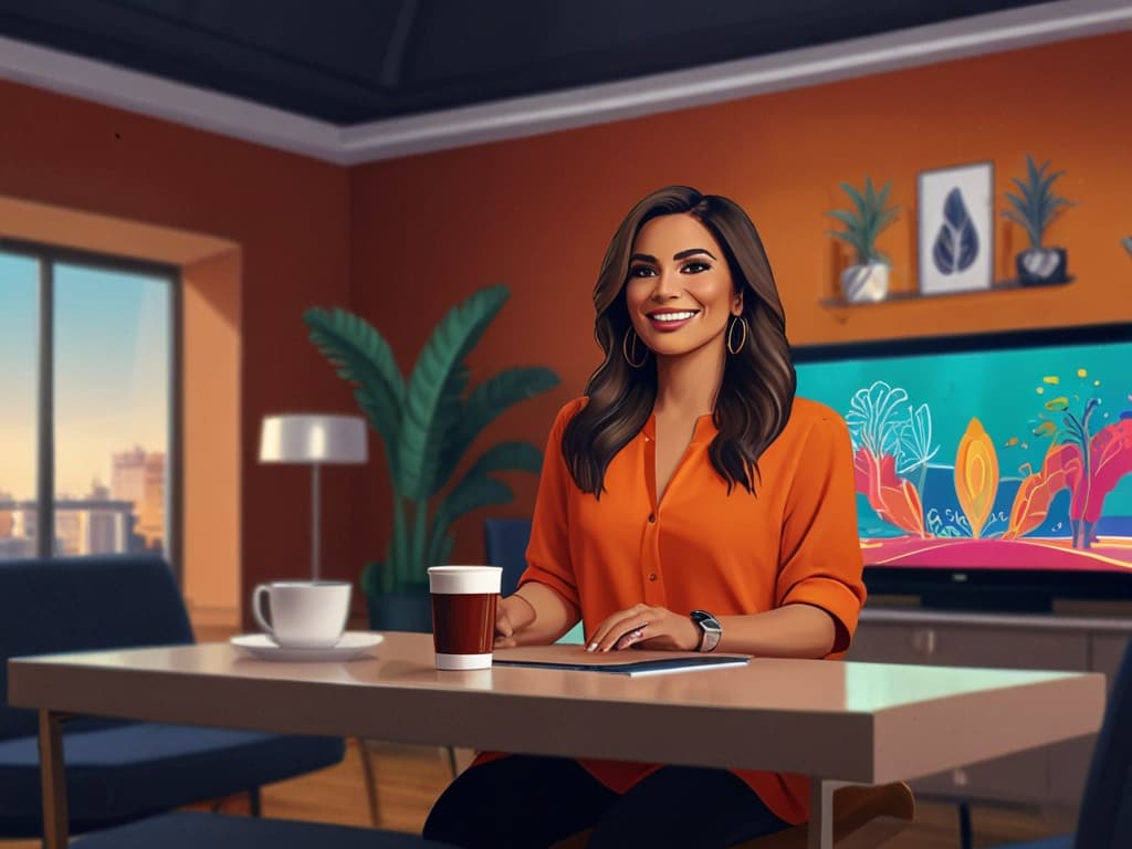 Woman smiles in a modern living room, using a tablet with TikTok app on TV screen in background.