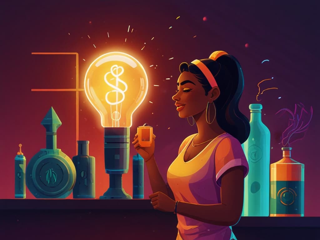 Woman holding a smartphone with glowing lightbulb and colorful bottles, symbolizing UGC impact on DTC conversions.
