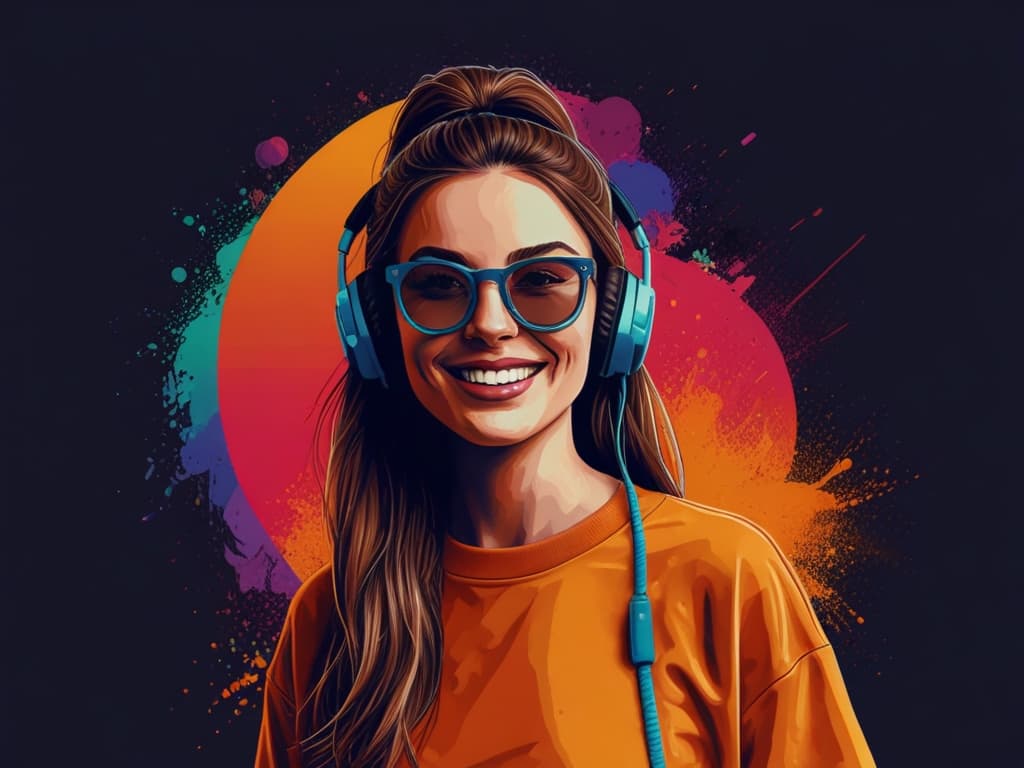 Smiling woman in colorful headphones and sunglasses, vibrant background; influencer brand trip experience.