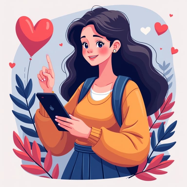 Illustrated woman engaging with Instagram on phone, surrounded by hearts and foliage, emphasizing digital interaction.