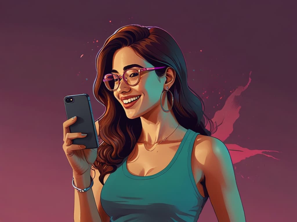 Woman with glasses smiling at phone, illustrating engaging Instagram Story Ads for 2025 marketing strategies.