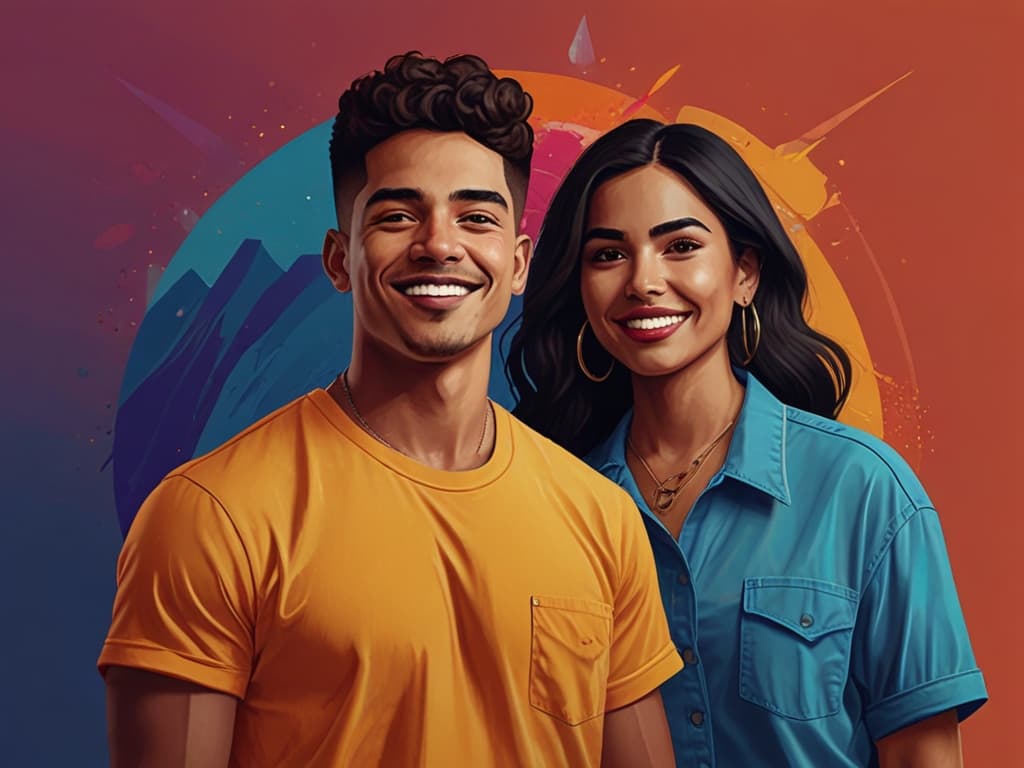 Smiling Gen Z individuals against colorful abstract background, representing youthful marketing trends.