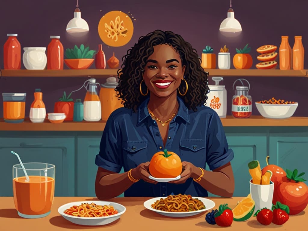 Smiling woman in kitchen holding an orange, with food and drinks around her; a vibrant food influencer scene.