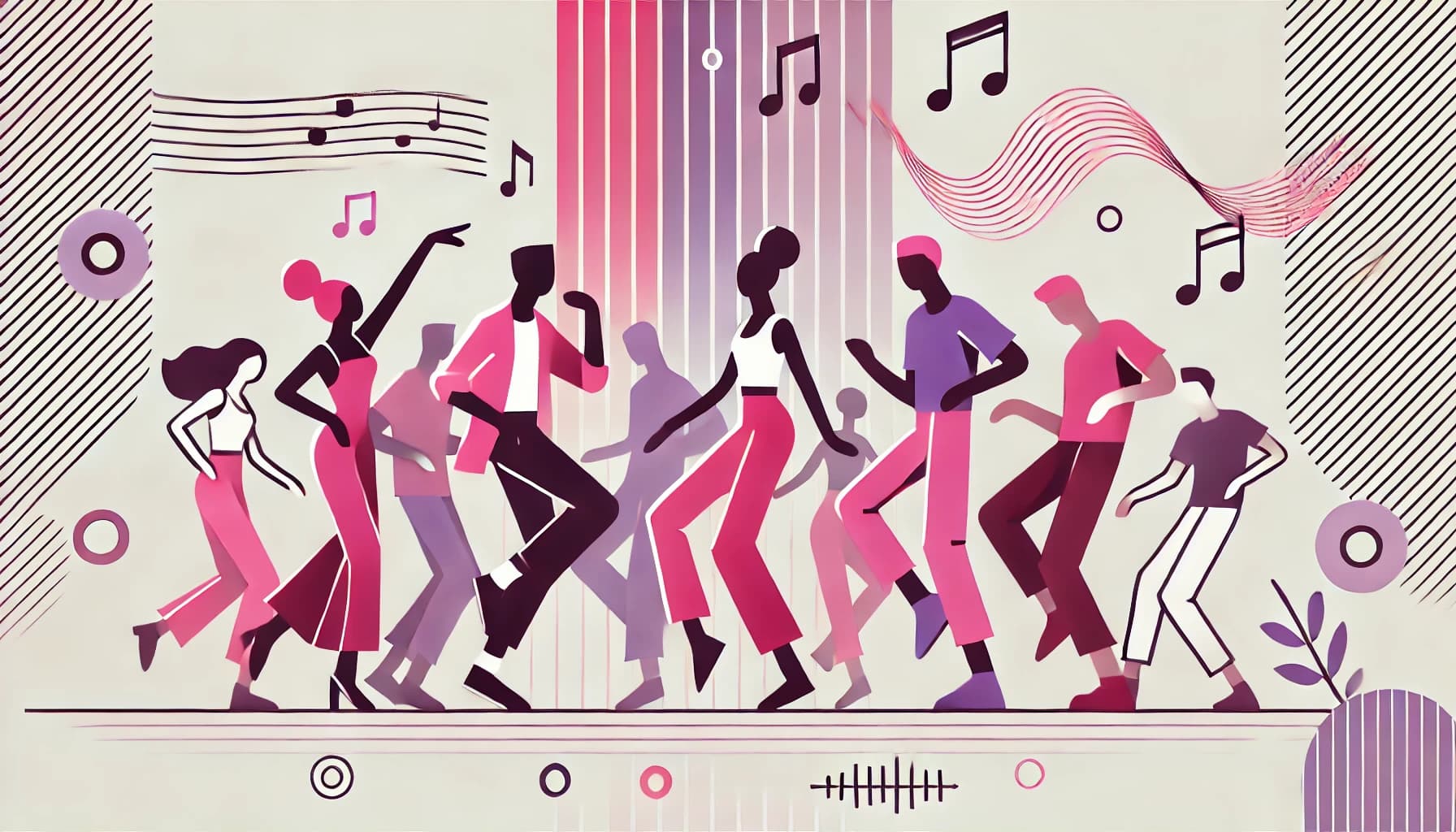 Silhouettes dancing energetically in group, colorful music notes floating, vibrant TikTok dance scene 2025.