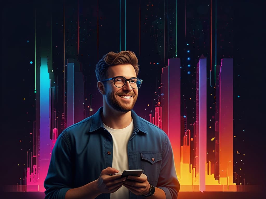 A man smiles while using a smartphone against a colorful digital cityscape, highlighting social media video production trends.