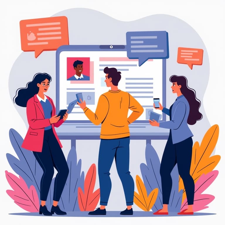People discussing influencer marketing strategies in front of a social media screen, holding phones and tablets.