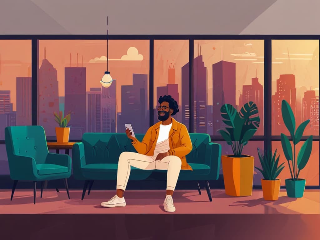 Man in fashionable attire viewing phone content in modern lounge with cityscape at sunset, ideal for social media tips.