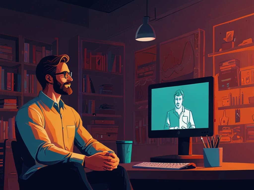 Person watching a storytelling video on a computer in a cozy home office, highlighting video storytelling.